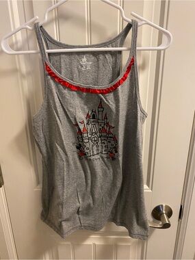 Walt Disney World XL Tank Top Mickey Minnie Mouse Castle Gray Shirt Ruffle Trim